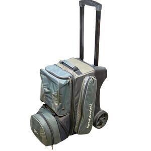 Brunswick Flash X Triple Roller Bowling Bag Grey Green 3 Ball Wheel Pull Handle
